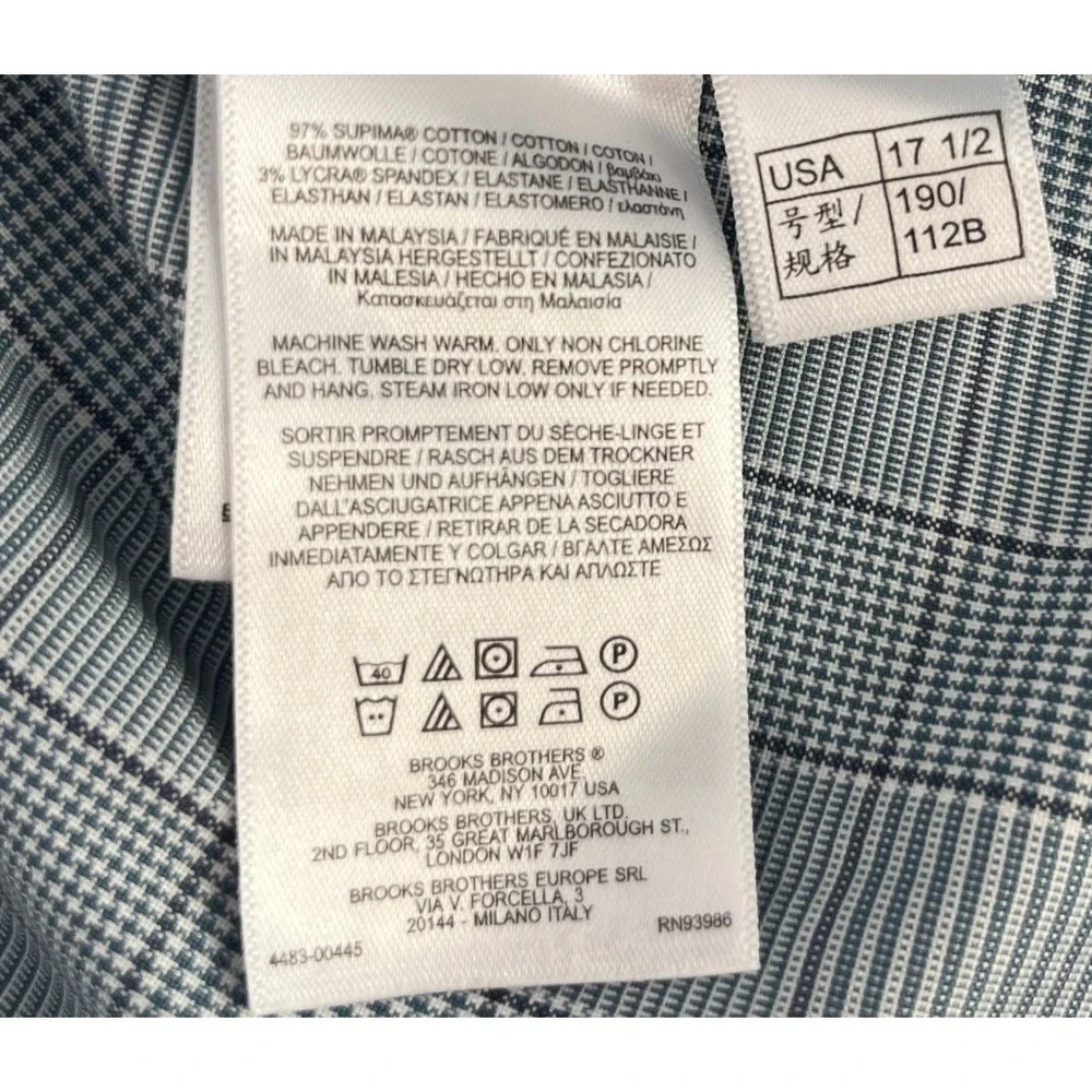 Brooks Brothers Shirt Mens 17.5 35 Blue Plaid‎ Regent Fit Non Iron Supima Cotton